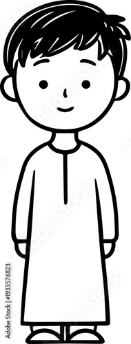 Smiling boy wearing traditional Muslim cap and kurta Black and white vector illustration
