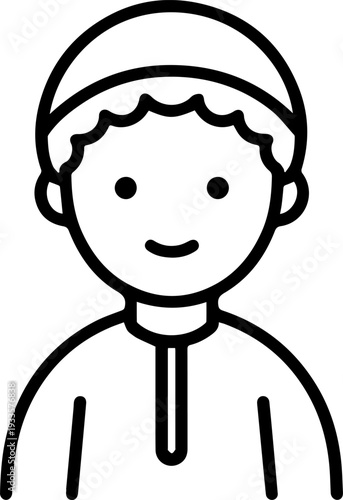 Smiling boy wearing traditional Muslim cap and kurta Black and white vector illustration

