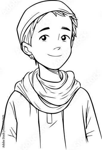 Smiling boy wearing traditional Muslim cap and kurta Black and white vector illustration
