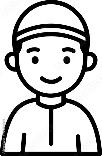 Smiling boy wearing traditional Muslim cap and kurta Black and white vector illustration
