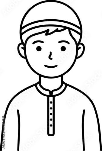 Smiling boy wearing traditional Muslim cap and kurta Black and white vector illustration

