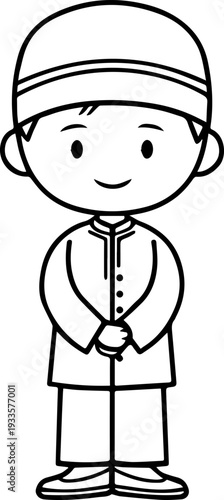 Smiling boy wearing traditional Muslim cap and kurta Black and white vector illustration
