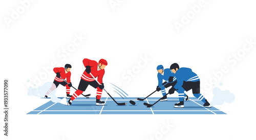 Four ice hockey players, two in red and two in blue jerseys, are intensely competing for the puck during a face-off on a blue-lined ice rink.