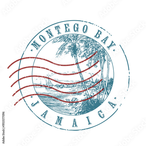 Vintage Montego Bay Jamaica badge featuring white sand beaches and tropical sailing boats in the bay.