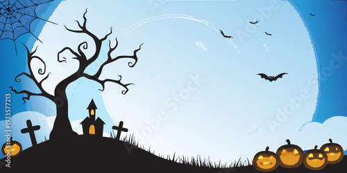 Spooky halloween scene with a silhouetted tree bats and haunted house