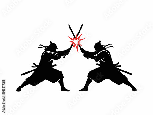Samurai Warriors Duel Silhouette with Red Spark