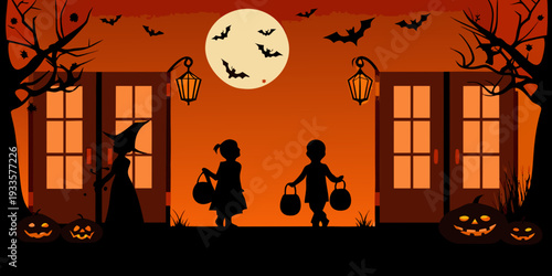 Children trick or treating at a spooky house on halloween night
