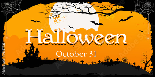 A spooky halloween scene with a full moon and haunted landscape