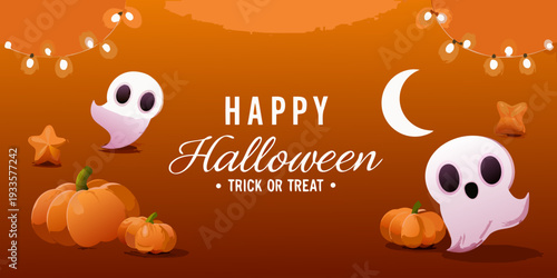 A festive halloween scene with ghosts pumpkins and string lights