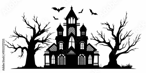 A spooky silhouette of a haunted castle with bare trees and bats