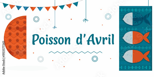 Festive illustration of colorful fish and april fools day text