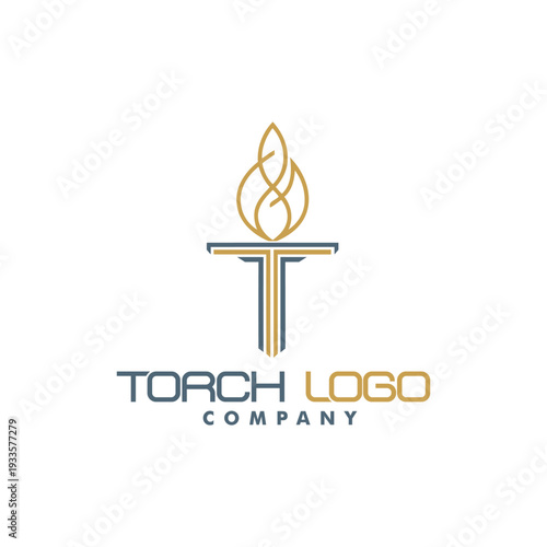 Initial letter T burning torch fire flame with pillar column logo design.