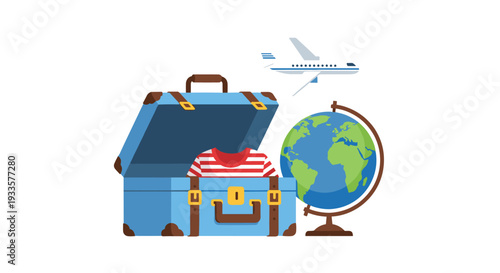 An open blue vintage suitcase with a striped shirt inside is displayed next to a globe, with an airplane flying above, symbolizing travel.