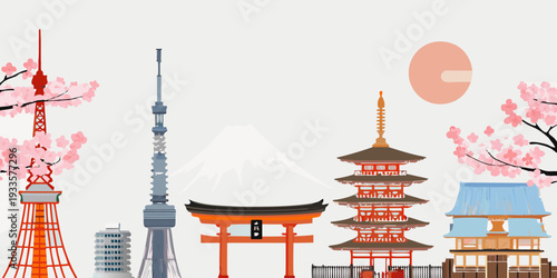 Japanese landmarks and scenery depicted in a stylized vector illustration