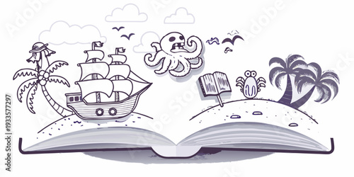 A whimsical scene of pirates sea creatures and a tropical island emerges