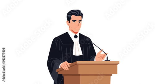A confident male lawyer in a black robe stands behind a wooden podium with a microphone, gesturing while speaking.