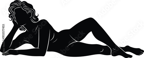 Elegant Silhouette of a Graceful Woman Lying Down in a Relaxed Reclining Pose Minimalist Black Vector Line Art Illustration Design