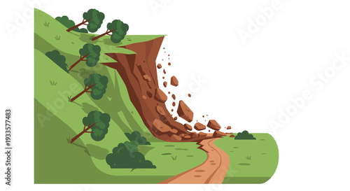 A large section of a green hillside with trees is actively collapsing in a landslide, sending rocks and soil onto a dirt path.