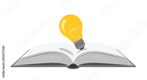 A brightly glowing yellow lightbulb with a grey base dramatically emerges upwards from the open pages of a grey-spined book.