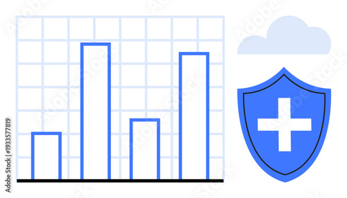 Healthcare analytics, data protection, cybersecurity, medical statistics, cloud storage, secure technology. Bar chart with grid and shield a medical cross. Healthcare analytics and data protection
