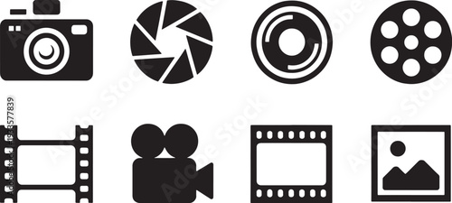 Collection of black and white representing and equipment reel strip