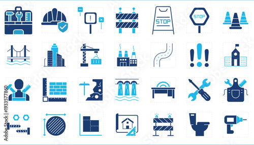 A set of icons related to Construction. Construct, build, dam, building, infrastructure, house, tools, and so on.