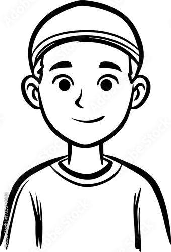 Smiling boy wearing traditional Muslim cap and kurta Black and white vector illustration
