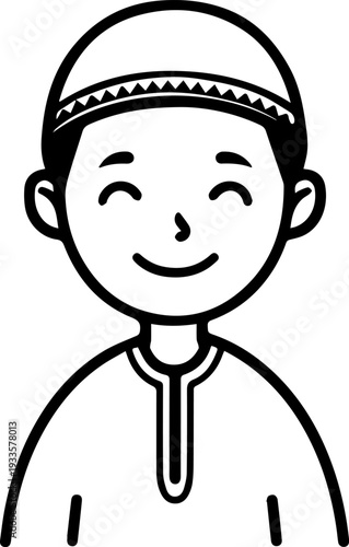 Smiling boy wearing traditional Muslim cap and kurta Black and white vector illustration
