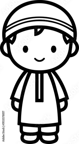 Smiling boy wearing traditional Muslim cap and kurta Black and white vector illustration
