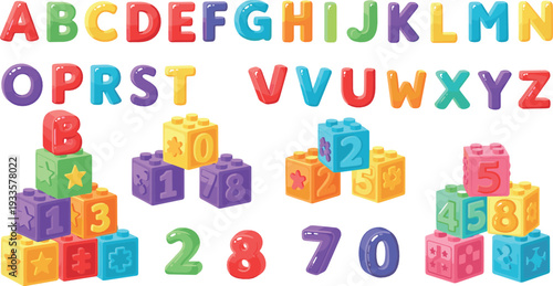 Colorful alphabet letters and numbers toy blocks set, playful educational typography for kids learning, preschool and early childhood education concept, flat vector illustration