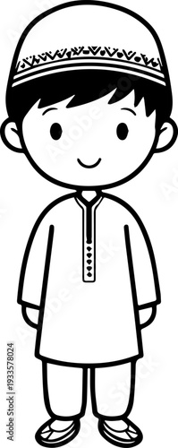 Smiling boy wearing traditional Muslim cap and kurta Black and white vector illustration
