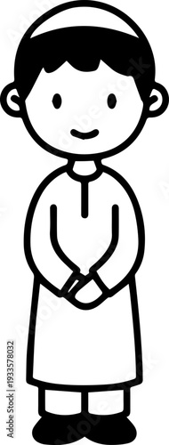 Smiling boy wearing traditional Muslim cap and kurta Black and white vector illustration
