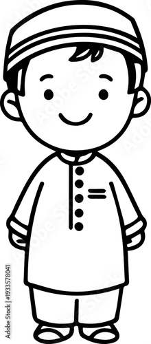 Smiling boy wearing traditional Muslim cap and kurta Black and white vector illustration
