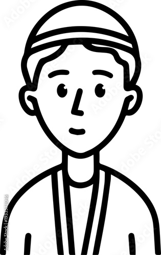 Smiling boy wearing traditional Muslim cap and kurta Black and white vector illustration

