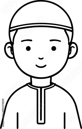 Smiling boy wearing traditional Muslim cap and kurta Black and white vector illustration
