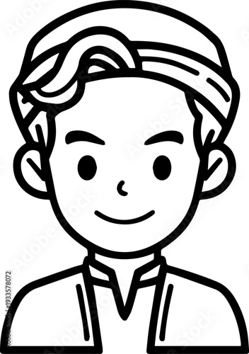 Smiling boy wearing traditional Muslim cap and kurta Black and white vector illustration
