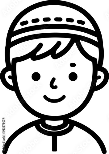 Smiling boy wearing traditional Muslim cap and kurta Black and white vector illustration
