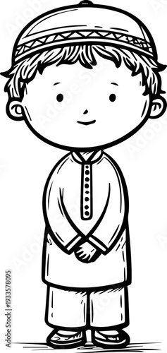 Smiling boy wearing traditional Muslim cap and kurta Black and white vector illustration
