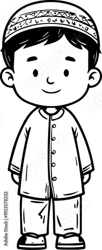 Smiling boy wearing traditional Muslim cap and kurta Black and white vector illustration

