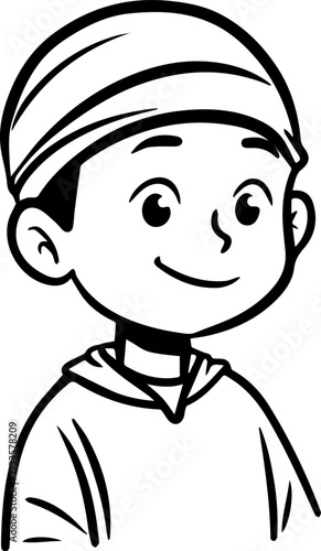 Smiling boy wearing traditional Muslim cap and kurta Black and white vector illustration
