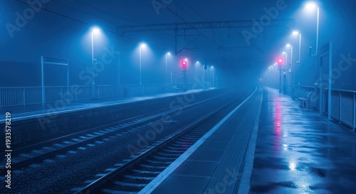 Empty railway platform at night with atmospheric lighting and fog