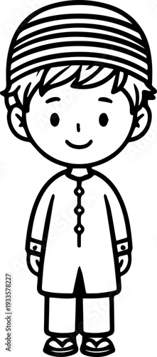 Smiling boy wearing traditional Muslim cap and kurta Black and white vector illustration
