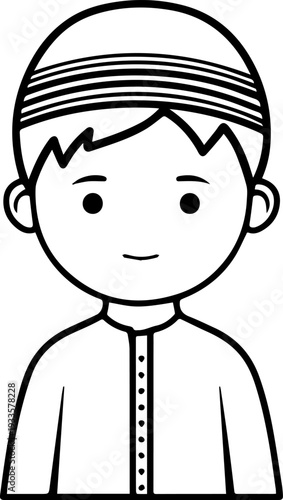 Smiling boy wearing traditional Muslim cap and kurta Black and white vector illustration
