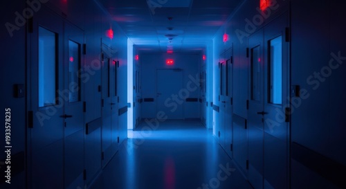 Dark hospital corridor with blue and red lighting perspective view