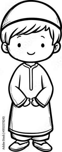 Smiling boy wearing traditional Muslim cap and kurta Black and white vector illustration
