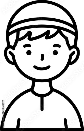 Smiling boy wearing traditional Muslim cap and kurta Black and white vector illustration
