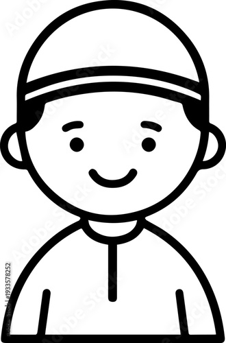 Smiling boy wearing traditional Muslim cap and kurta Black and white vector illustration
