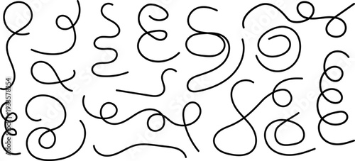 Hand drawn squiggle line. Trip dashed trace destination track path line collection. Long dashed spiral wavy line. 