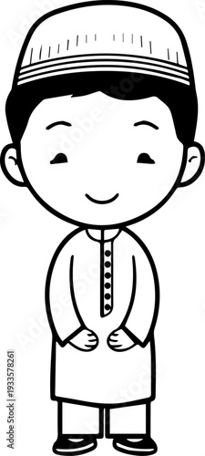 Smiling boy wearing traditional Muslim cap and kurta Black and white vector illustration
