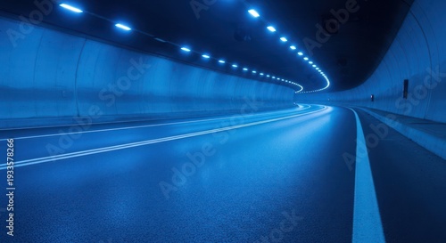 Abstract blue tunnel perspective with bright lights and road markings